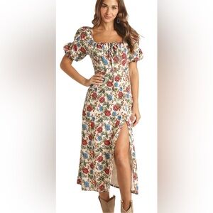 Rock & Roll Denim Floral Puff Sleeve Boho 
Maxi Dress Size Small